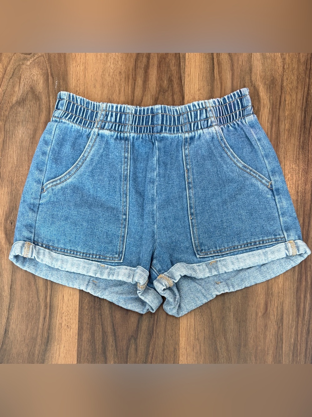 PacSun Light Blue Elastic-Waist Paper Bag Denim Shorts